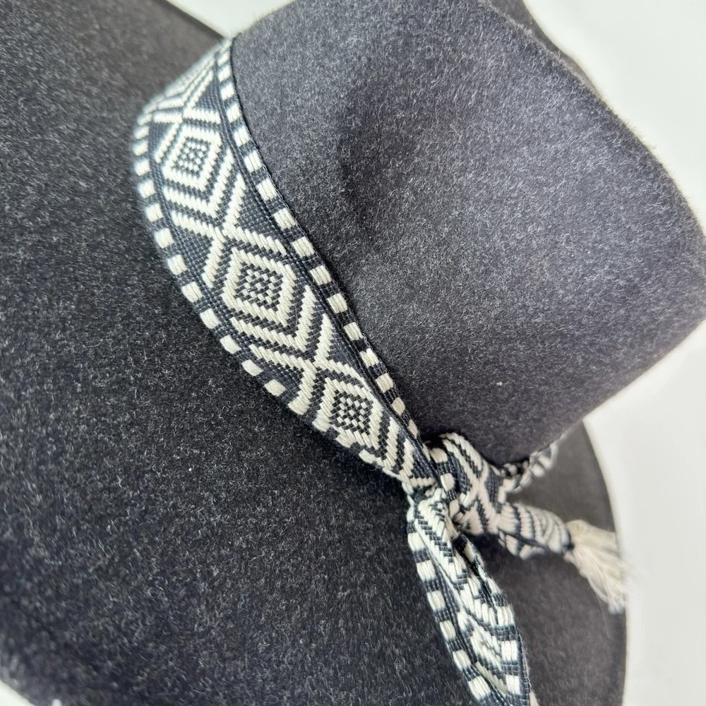 Dark‎ Grey Felt Wide Brim Hat Geometric Pattern Band Tassels